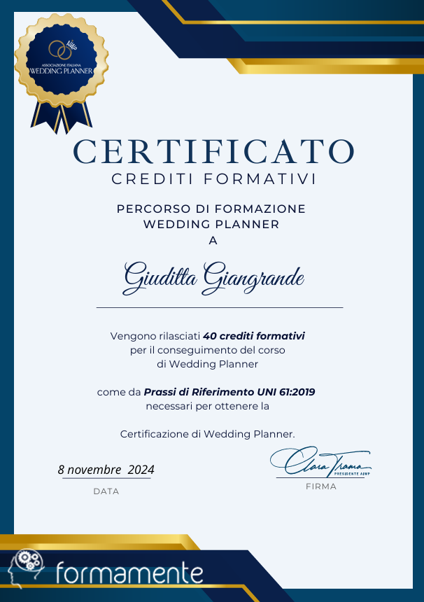 Certificato crediti formativi nel percorso di wedding planner di Giuditta Giangrande