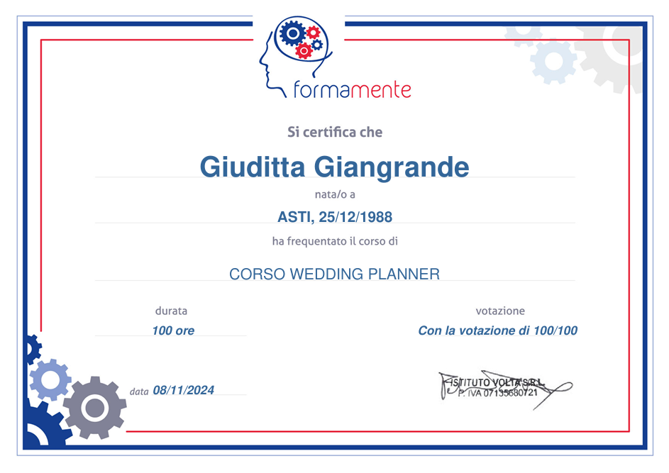 Certificato del corso wedding planner di Giuditta Giangrande